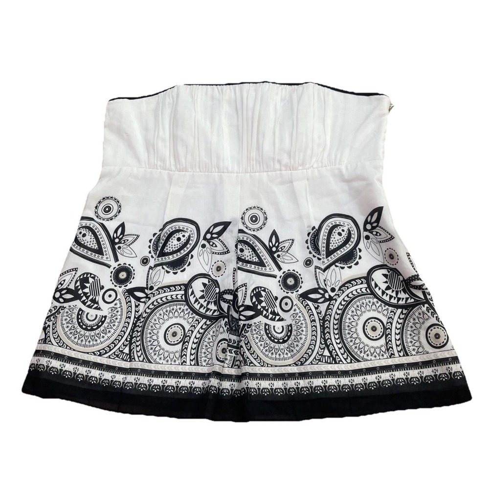 White House Black Market Silk Blend Paisley Strapless White Black Size 4